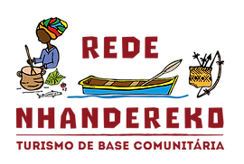 Logo da rede nhadereko, composto pelas ilustrações de uma canoa, arco e flecha e uma mulher negra cozinhando.